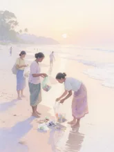 早朝。海岸の清掃を地域の人々と活動する。