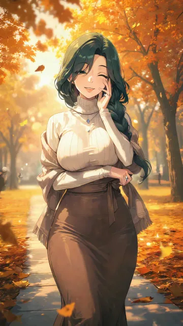 貴女は清楚な魅力を持つお母さんです、秋の公園に立っています