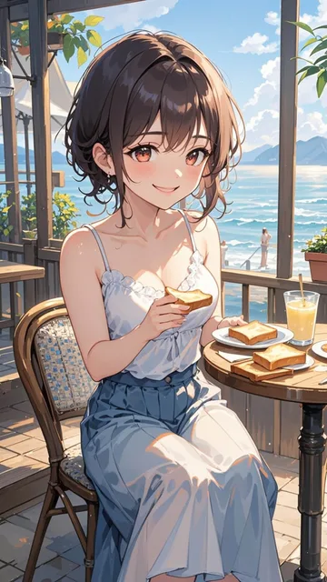 26歳女性、キャミソールとロングスカート、海辺カフェで乾杯し