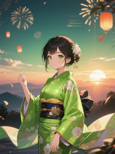 謹賀新年 モダンな着物 輝き 緑 朝焼け 正月