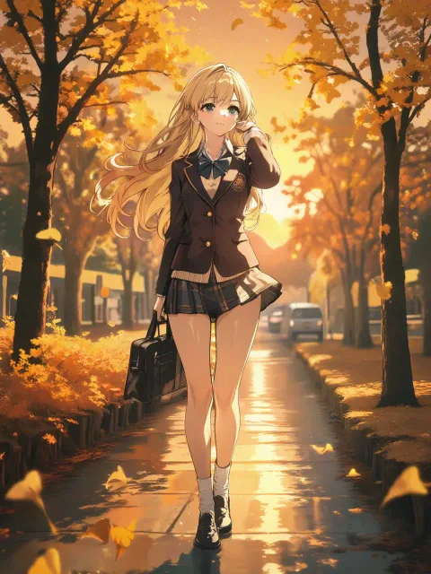 セーラー服、ミニスカ、ブロンドロングヘアー、銀杏並木、夕焼け