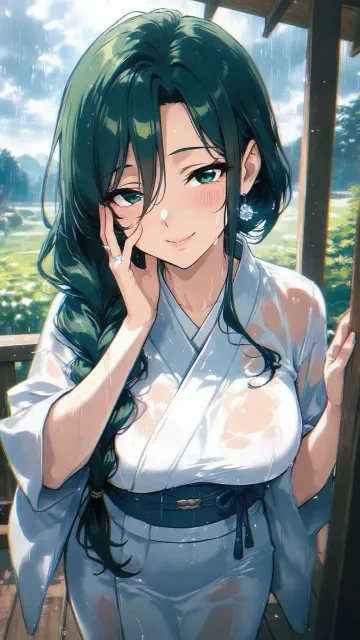貴女は着物が似合うお母さんです、雨宿りをしています - 軒先の雨宿り