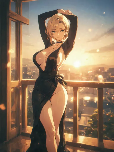 両腕を頭の上で組んだ色っぽい成年女性、夕方のベランダ - 背伸び