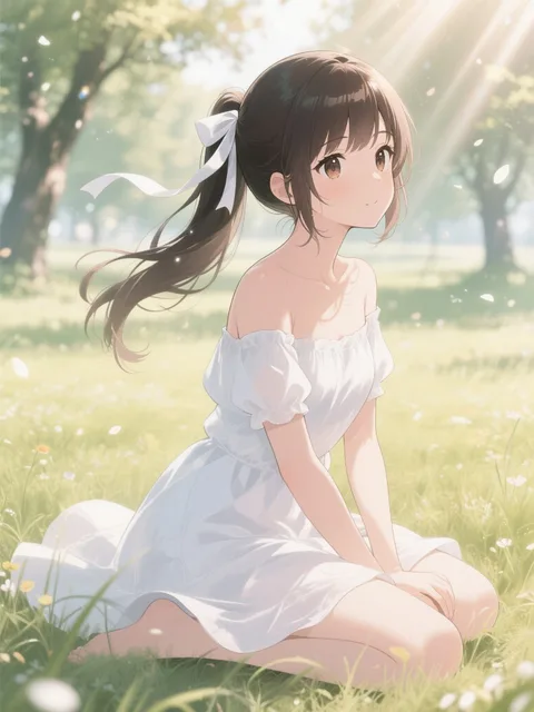 美少女、ポニーテール、白いリボン、木漏れ日、やさしい光