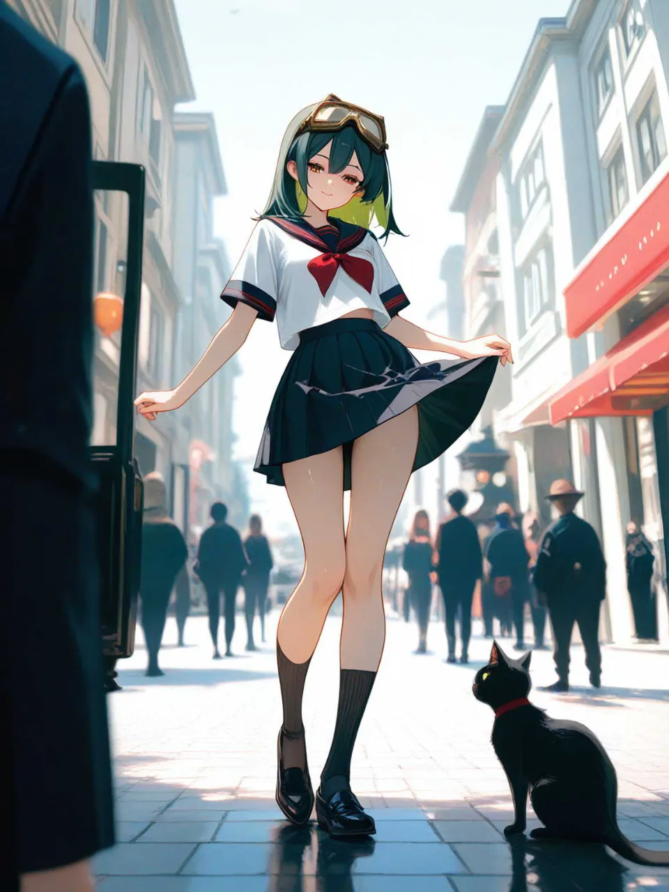 正統派セーラー服!…パンク娘と黒ニャンコ…緑
