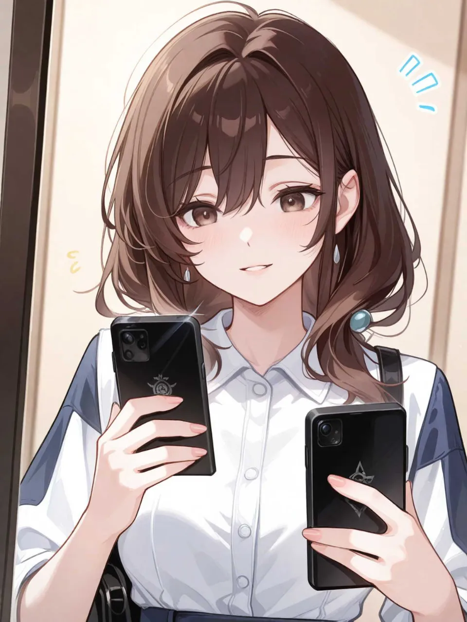 スマホ2個持ちで送る言葉を迷う — 花筏さんのAIイラスト