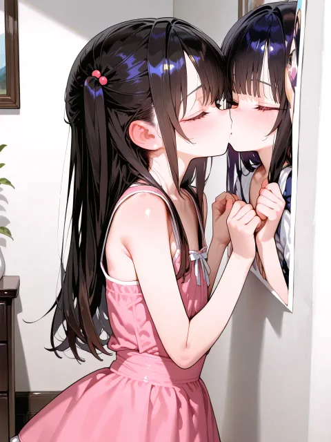女の子の部屋、壁に貼ってあるポスターにキスをする - 接吻