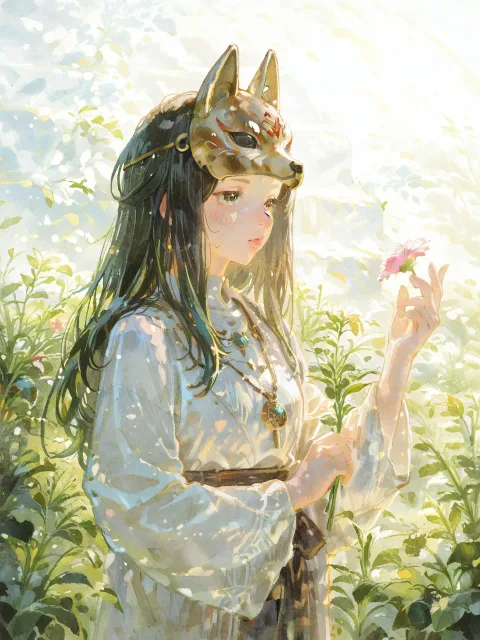 金色の獣の面を頭にかぶった白い衣の女性、草の生えた石段 - 神楽の面