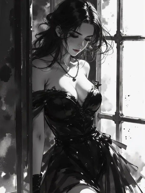 全身黒づくめの色っぽい成年女性、夜の窓辺、深い胸の谷間