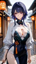 半纏を襟を深く重ねて共布の帯を腰で結んだ色っぽい成年女性