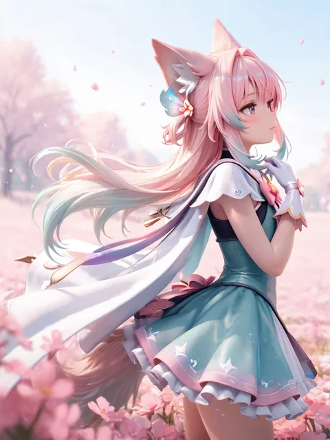 魔法少女の変身、狼耳尻尾少女、長いグラテーション髪、ケープ