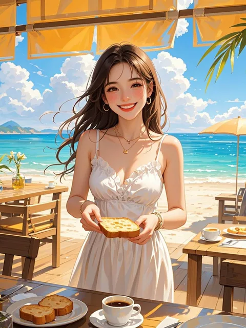 26歳女性、キャミソールとロングスカート、海辺カフェで乾杯し