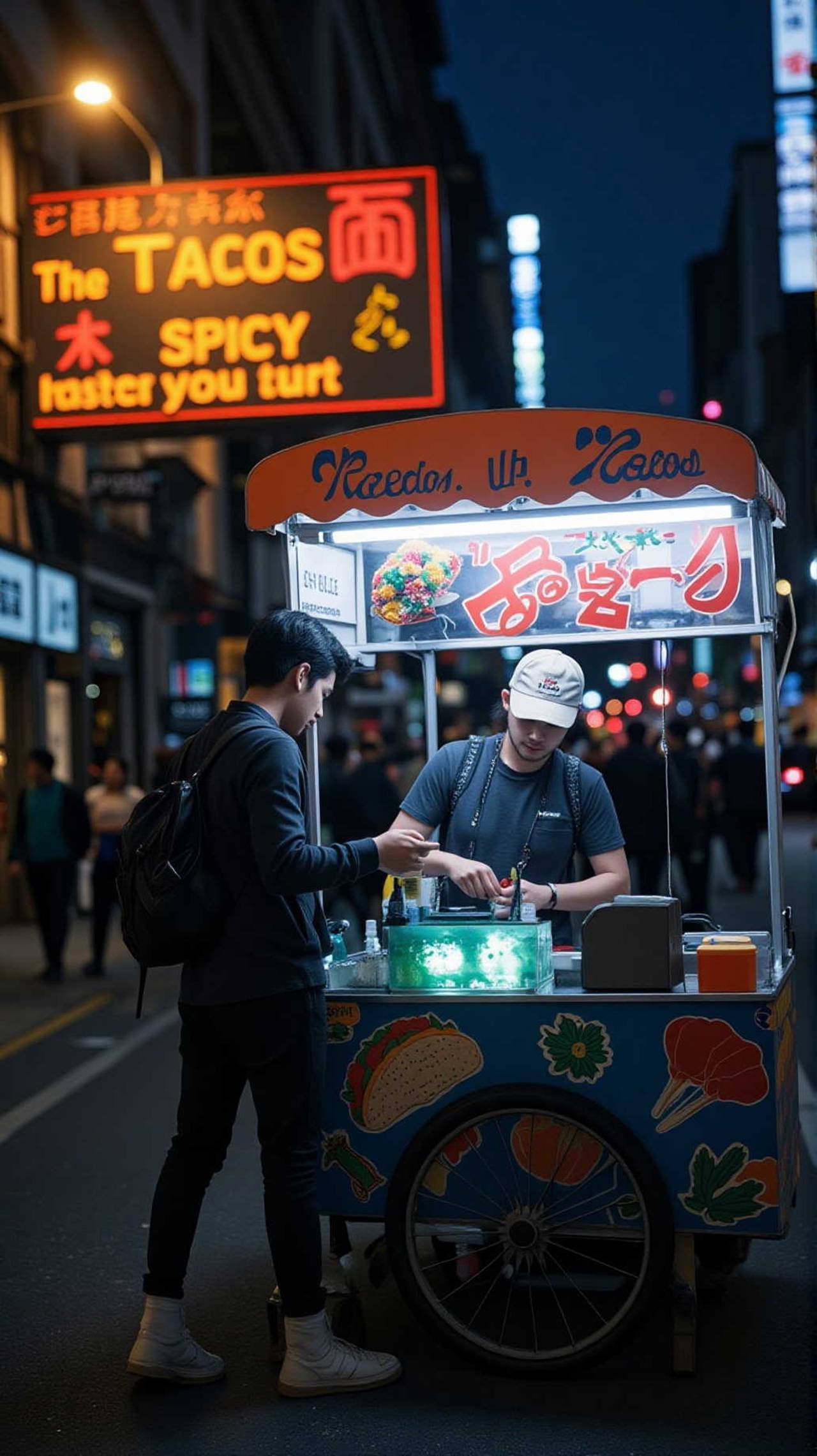 Cyberpunk Spicy Glowing Taco Vendor — あん77さんのAIイラスト