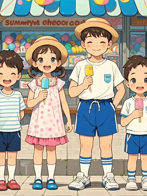 夏休み、駄菓子屋の店先、並び立つ男女、シミーズ姿の女児