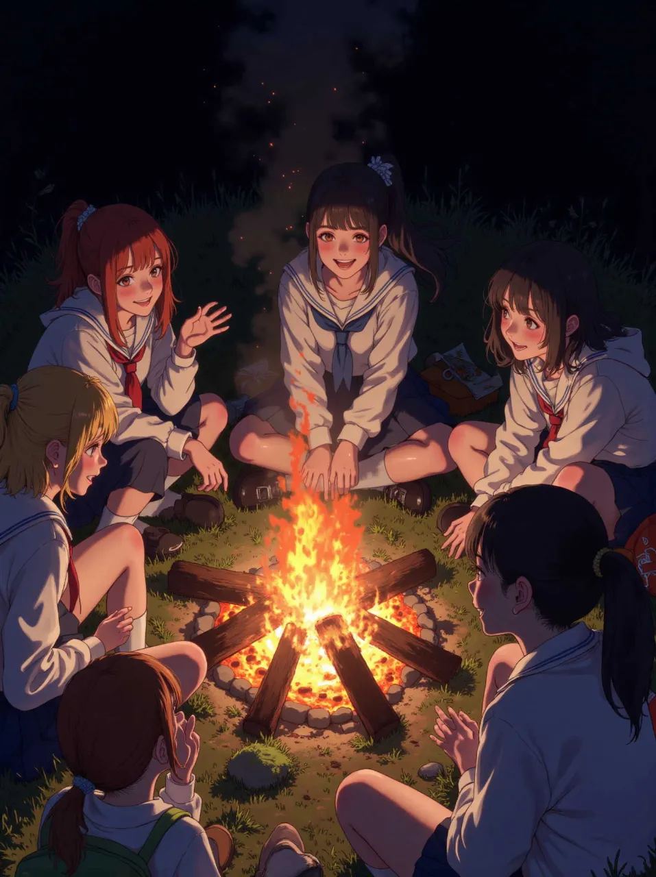 焚き火を囲んで無邪気な雑談 — しゅうＴさんのAIイラスト