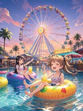 夕方のプール🏊‍♂️友達とワイワイ楽しんでる