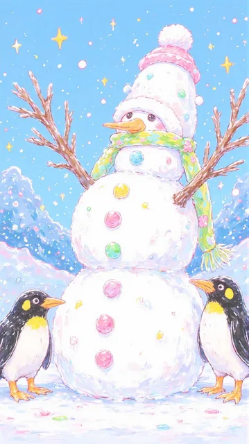 ペンギンと一緒にもう一体の雪だるまを作っている雪だるま