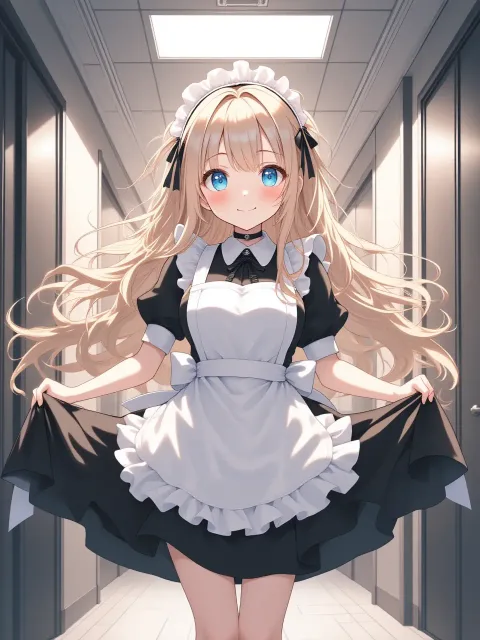 割烹メイド服を着た少女、洗濯物を抱えた廊下、エプロンの胸当て