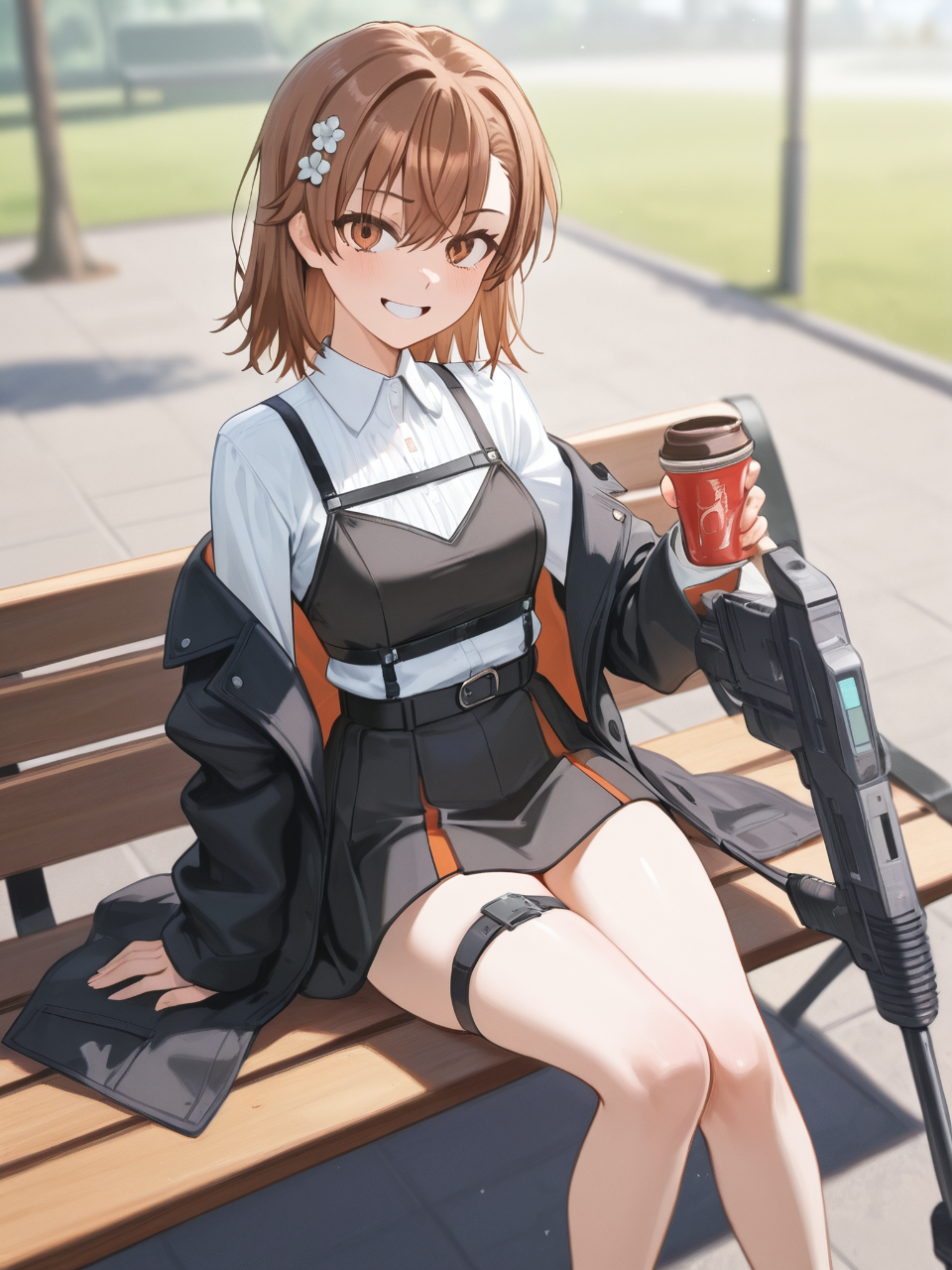 公園のベンチに座ってコーヒーを飲みながら午後を過ごす御坂美琴ちゃんよ♡♡