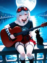月明かりの下でギターを奏でる、パンク娘と黒ニャンコ…銀 — ギターイラストのAIイラスト|SUPPART