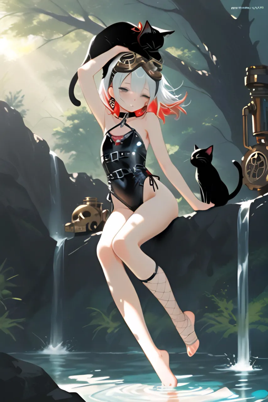 滝つぼで水遊びしてる…パンク娘と黒ニャンコ…白