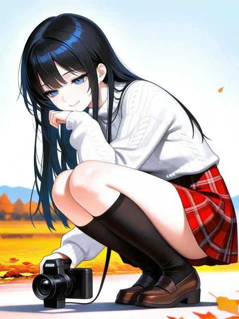 12歳の女の子、黒髪のロングヘアー、青い瞳 - カメラ vs スケッチ