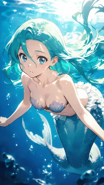 貝殻ビキニ、美しい人魚姫、水色の髪、青い瞳、しなやかなくびれ