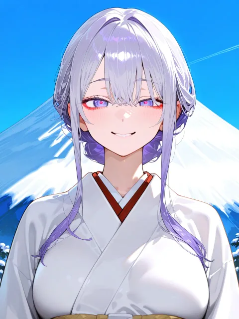 雪の白と藍色の着物をきちんと着た富士山の化身の成年女性