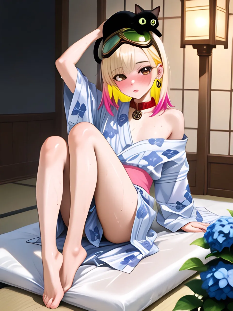 寝苦しい夜に浴衣ですわ…パンク娘と黒ニャンコ…金