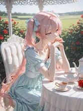 庭園でティータイム☕桃宮ももこ — りあさんのAIイラスト