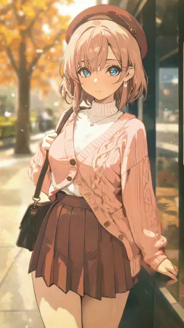 秋物の洋服を着た少女、夕方の駅前、ピンクのカーディガン
