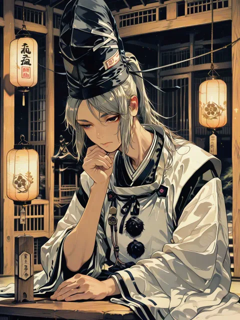 黒い立烏帽子をかぶり顎で紐を結んだ陰陽師、灯明の並ぶ社殿の中