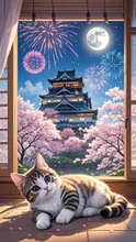 子猫、弘前城、桜満開