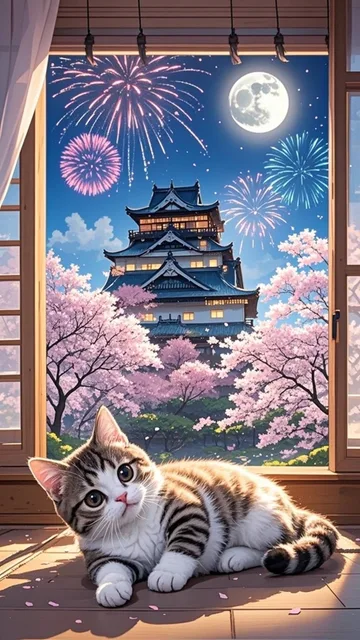 子猫、弘前城、桜満開