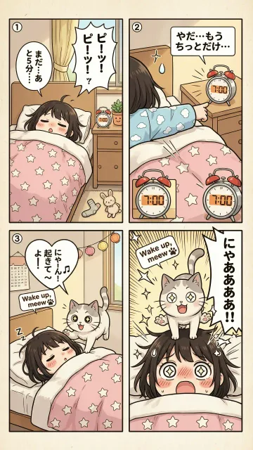 4コマ漫画 1コマ目、目覚まし鳴っても布団の中で寝ている少女