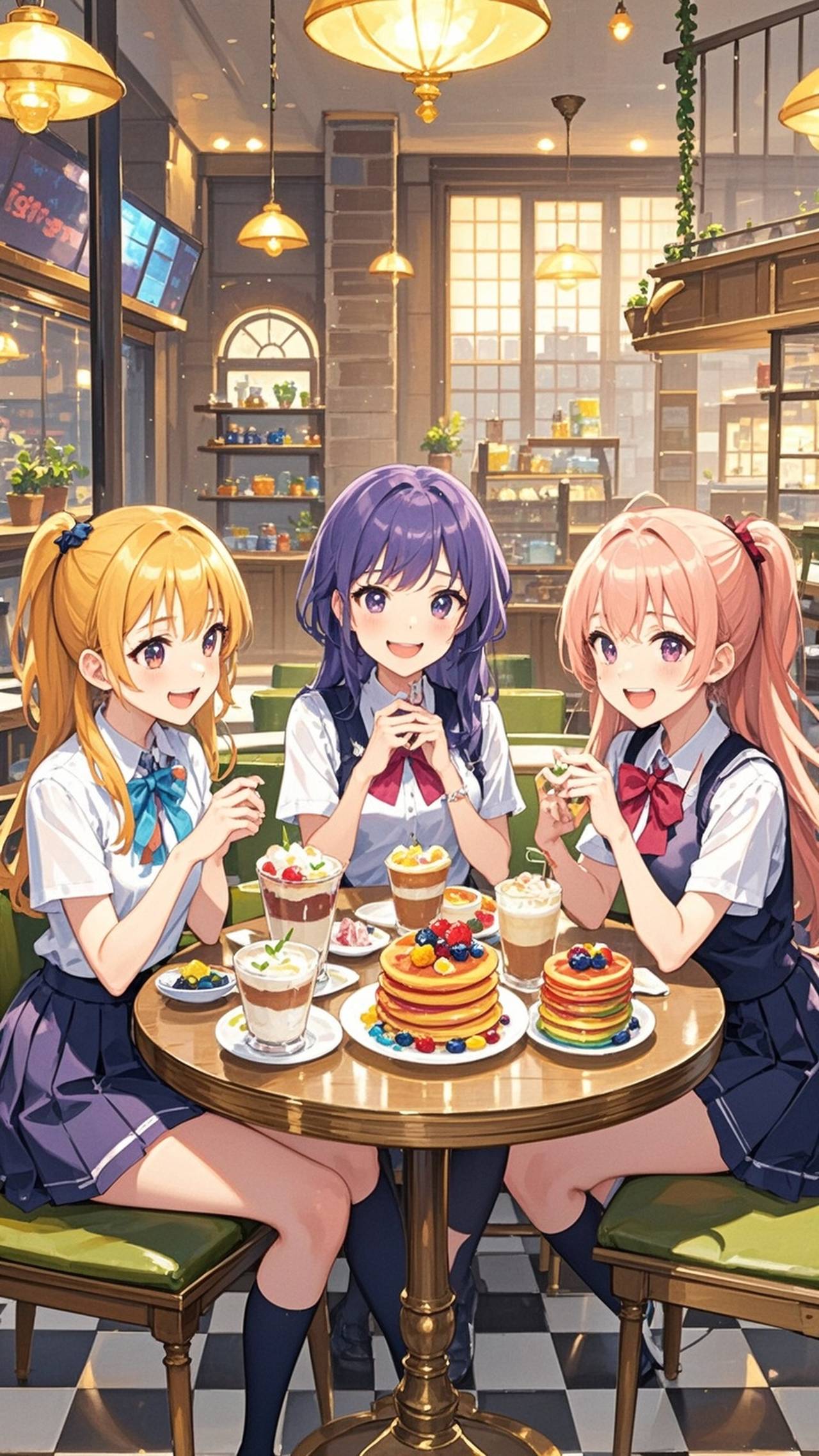 カフェに来た女子高校生三人組 — ほのかさんのAIイラスト