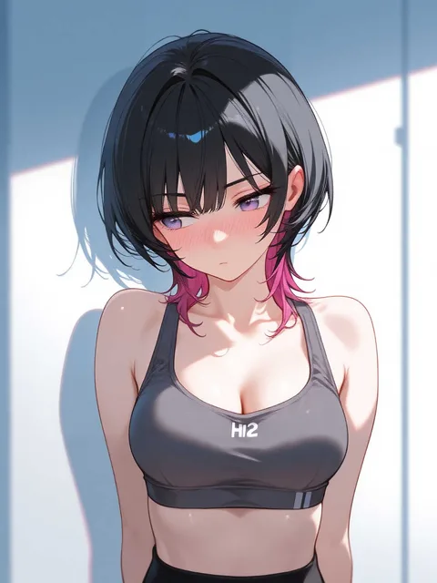 スポーツブラを着た女の子、顔を赤らめてる、ウルフカット