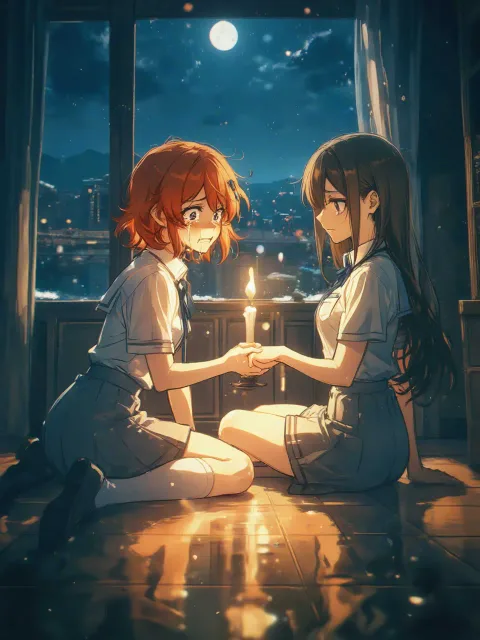 2人の少女、夏の制服を着ている - キャンドルの灯る夜