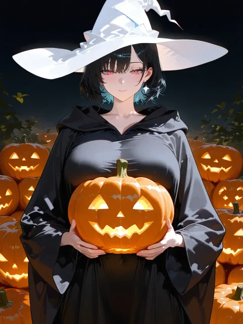 黒い長袖の魔女のローブに大きな三角帽子の成年女性