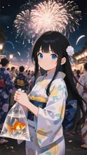 黒髪娘💕金魚すくい❤️大きい子取れたね💕