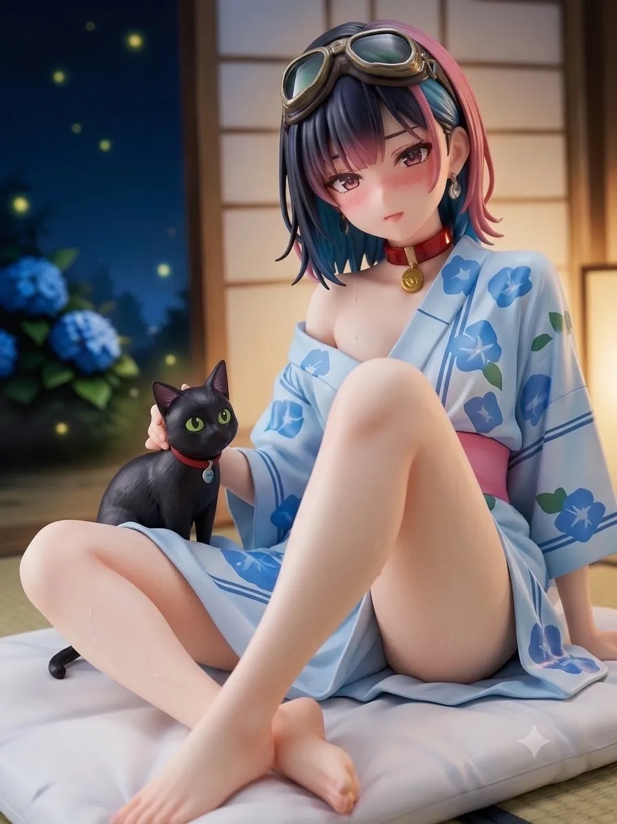 寝苦しい夜に浴衣ですわ…パンク娘と黒ニャンコ…フィギュア…黒