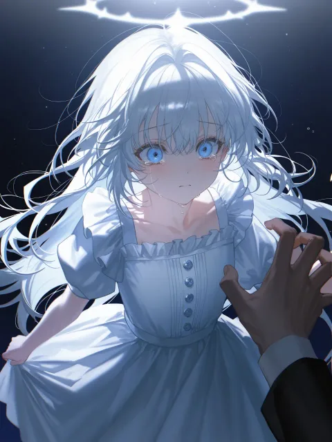 ジト目、女の子、涙が出てる、ポツリと、白い髪、水色の目 - 濡れた目