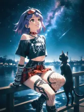 星空を見上げるパンク娘と黒ニャンコ…紫