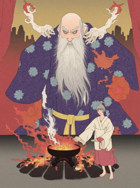 倒錯した世界、藍染めの着物を着て帯を締めた白髭の魍魎