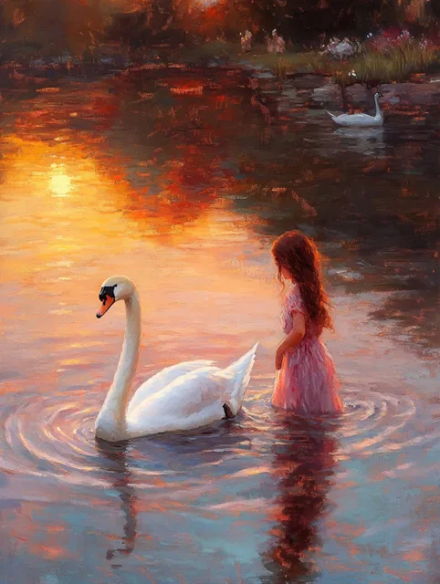 夕焼けの湖に浮かぶ白鳥と少女。その湖は美しいオレンジ色に染まり、白鳥は優雅に水面を泳いでいた。少女はその光景に心奪われ、…