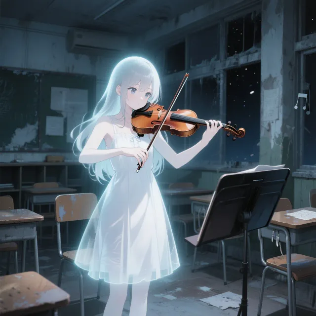 夜の廃校の音楽室でバイオリンを弾いている幽霊の美少女…