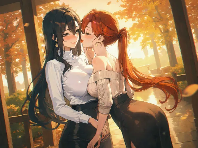二人の女性について: 美しい大人女性が抱き合ってキスをしてい…