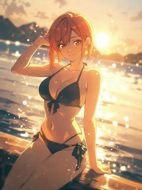 真夏の海の夕暮れ時にビキニを着たお姉さんが海に浸かっているア…