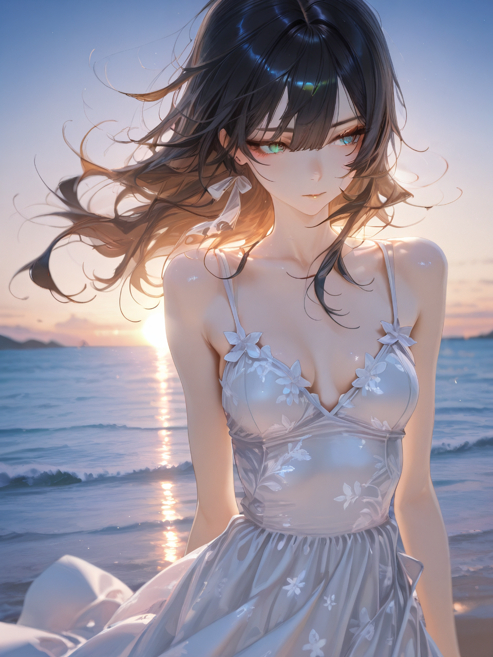 黄昏色の夕陽の中海辺でワンピース姿の美少女