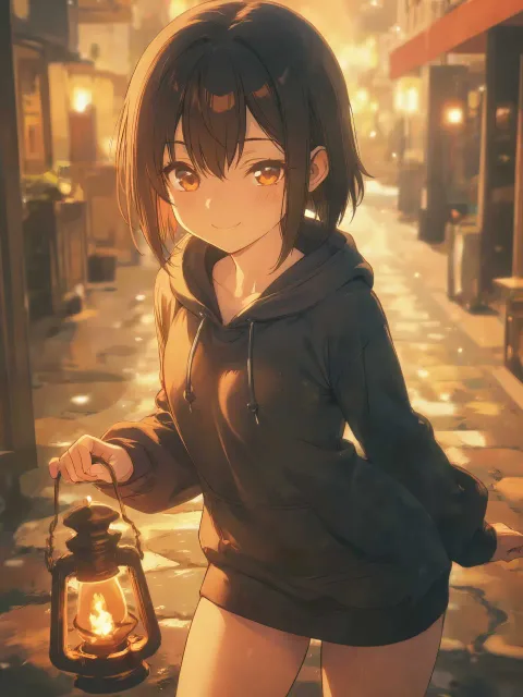 きちんとした服装、手に持った小さなランタンに火を入れる美少女